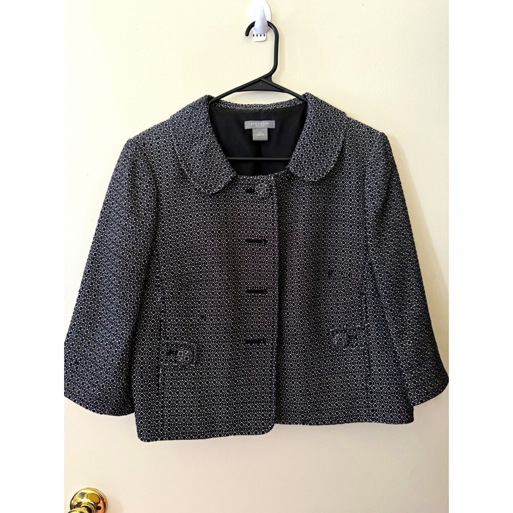 Ann Taylor Petites Black/White Geometric Lined Hook & Eye Jacket, 12P
